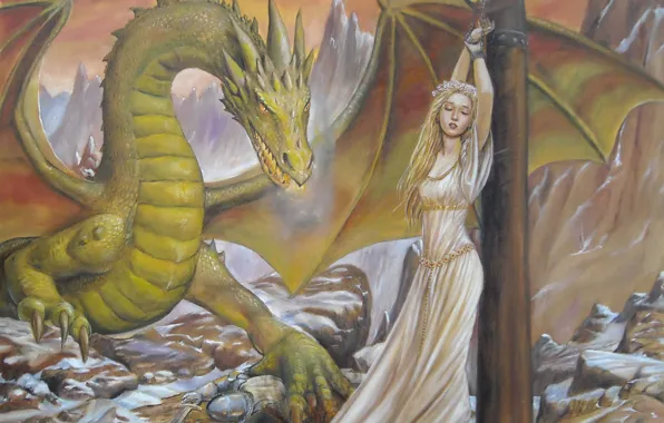 Картинка девушка, лицо, камни, фантастика, скалы, волосы, дракон, крылья
