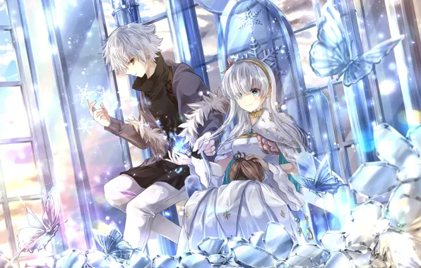 Цветы, Девушка, Бабочки, Парень, Fate / Grand Order