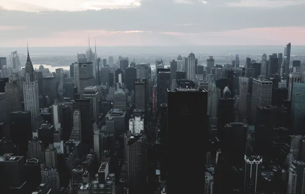 Картинка City, Sunset, Manhattan, Smoke, New-York, Building, River, Empire