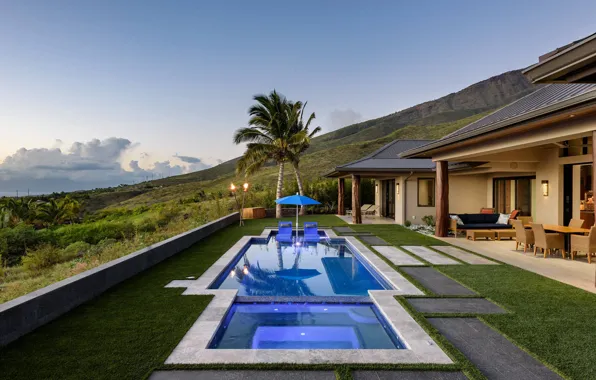 Дом, пальмы, бассейн, Гавайи, архитектура, Hawaii, терраса, by Imagine-It Builders Corp