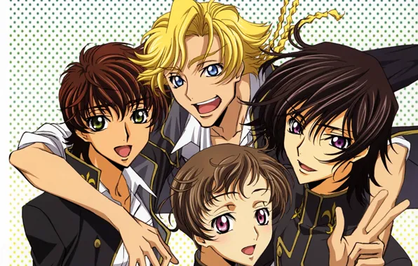 Улыбка, форма, друзья, code geass, косы, lelouch lamperouge, suzaku kururugi, gino weinberg