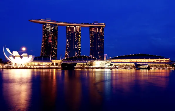 Картинка город, огни, вечер, отель, сингапур