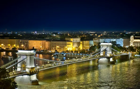 Ночь, город, река, здания, дома, Венгрия, Будапешт, Дунай
