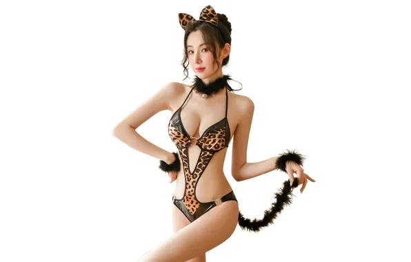 Girl, sexy, lingerie, cleavage, bodysuit, boobs, animal ears, tail