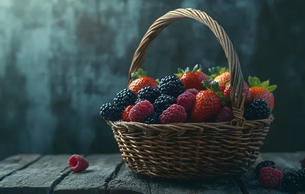 Ягоды, малина, доски, клубника, серый фон, корзинка, разные, ежевика