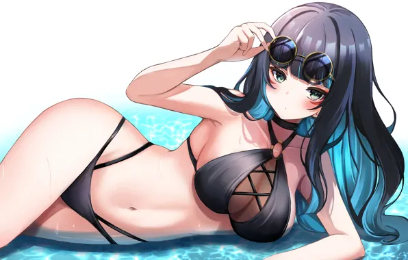 Long hair, legs, water, big boobs, bikini, sunglasses, wet body, looking at viewer