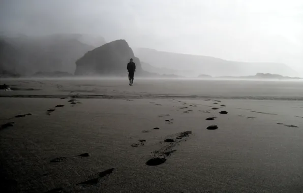 Пляж, туман, камень, мужчина