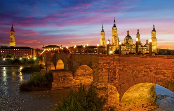 Картинка небо, ночь, огни, Испания, каменный мост, Сарагоса, львиный мост, Базилика-де-Нуэстра-Сеньора-дель-Пилар