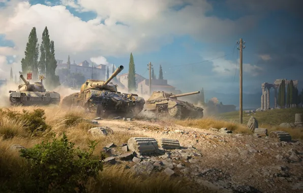 Облака, здания, танк, Game, Мир танков, World of Tanks, Wargaming.net, Lesta Games