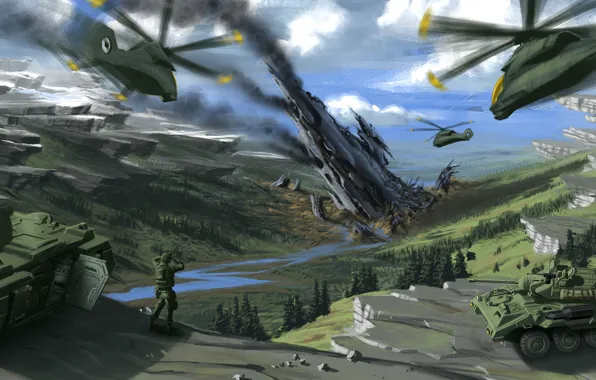 Картинка горы, война, вертолеты, арт, солдат, танки