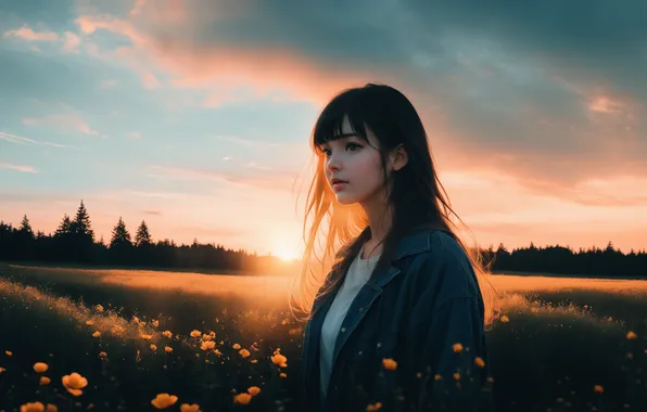 Поле, солнце, пейзаж, закат, цветы, женщина, field, landscape