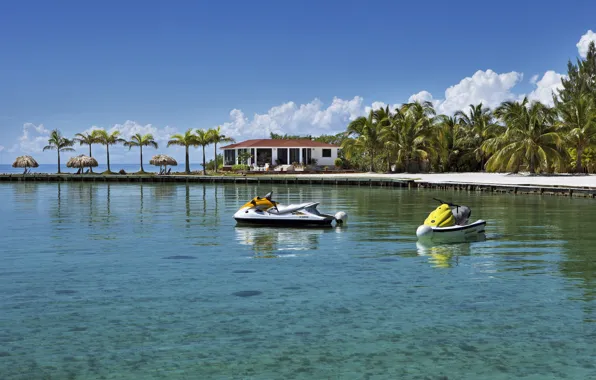 Дом, пальмы, океан, остров, причал, Belize, Белиз, private island