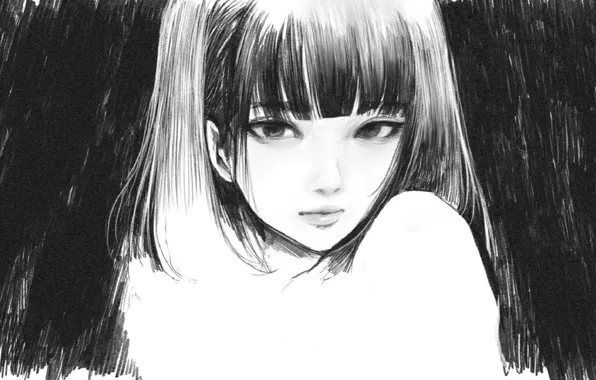 Лицо, черно - белый, челка, портрет девушки, рисунок карандашом, by Wataboku