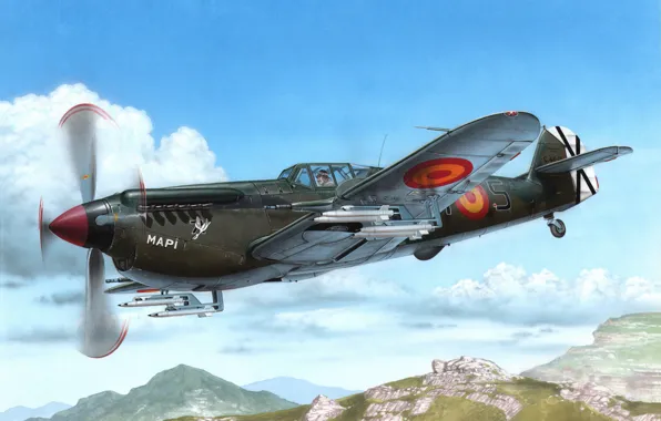 Картинка war, art, airplane, aviation, paintin, Hispano HA 1112 M-1L Buchon