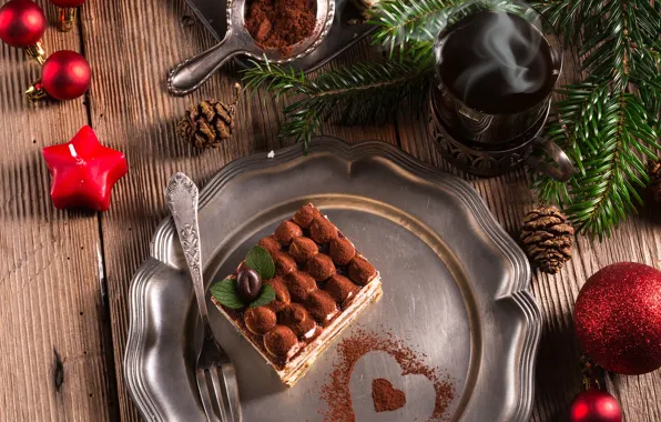 Шары, чай, сердце, елка, новый год, торт, вилка, какао