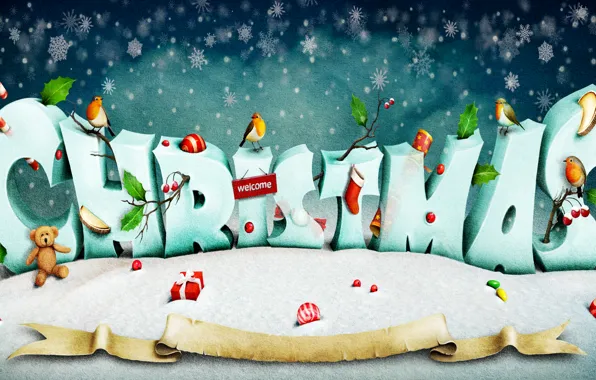 Картинка снег, снежинки, креатив, праздник, надпись, игрушки, мишка, подарки