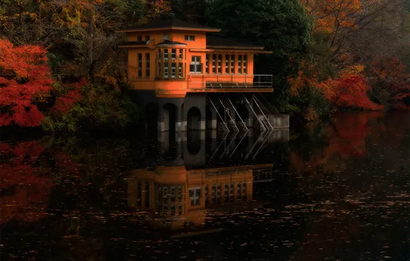 Картинка осень, лес, природа, река, краски, япония, дом на воде