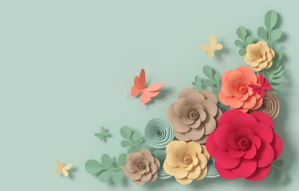 Цветы, рендеринг, узор, colorful, butterfly, flowers, композиция, rendering