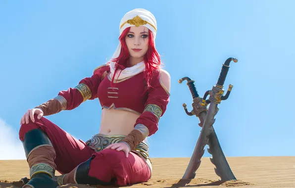 Картинка model, women, redhead, cosplay, Katarina, belly, sitting, red lipstick