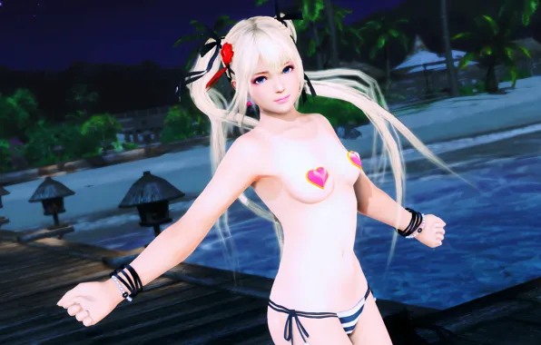 Girl, sexy, pool, cleavage, long hair, boobs, anime, blue eyes