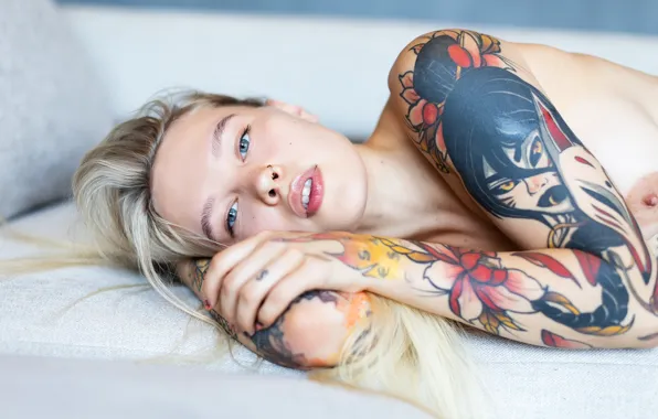 Взгляд, портрет, тату, блондинка, губы, Lisa, Natalia Randle