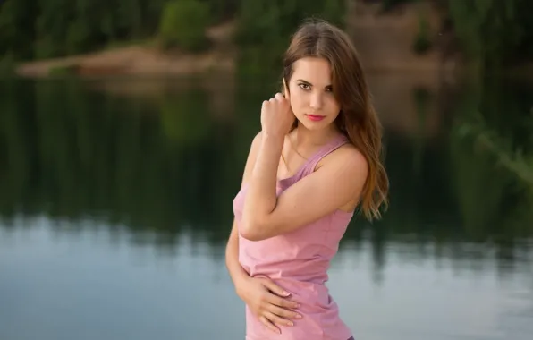 Long hair, lake, model, brunette, red lips, gorgeous, photoshoot, posing