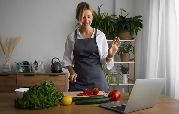 Female, having, cooking, chef