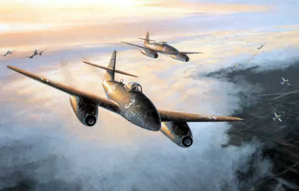 Картинка war, art, painting, aviation, ww2, messerschmitt me 262 &ampquot;stormbird&ampquot; jet fighter, german jet fighter