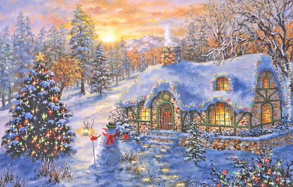 Картинка зима, ночь, рождество, новый год, ёлочка