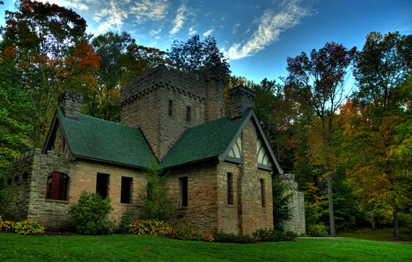 Картинка осень, лес, деревья, замок, США, Squires Castle