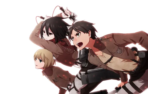 Атака, белый фон, эмблема, друзья, клинки, art, военная форма, Shingeki no Kyojin