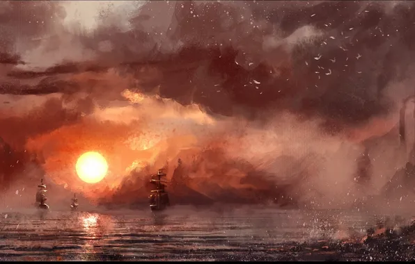 Картинка море, солнце, корабли, арт, нарисованный пейзаж