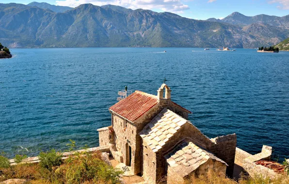 Море, горы, церковь, залив, Черногория, Ядран, Montenegro, Perast