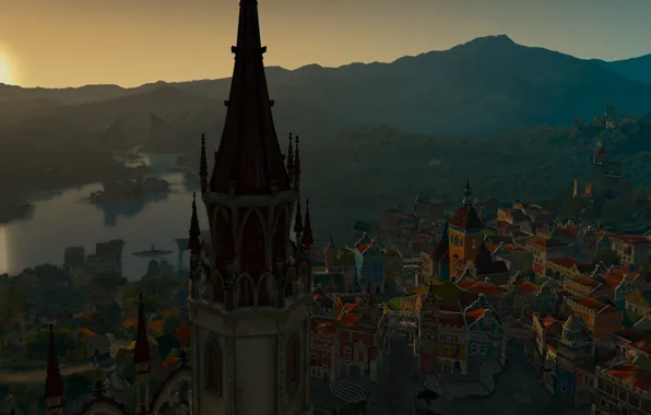 Закат, озеро, Франция, башня, дома, Боклер, The Witcher 3: Blood and Wine