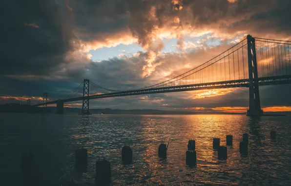 Sea, bridge, sunset, clouds