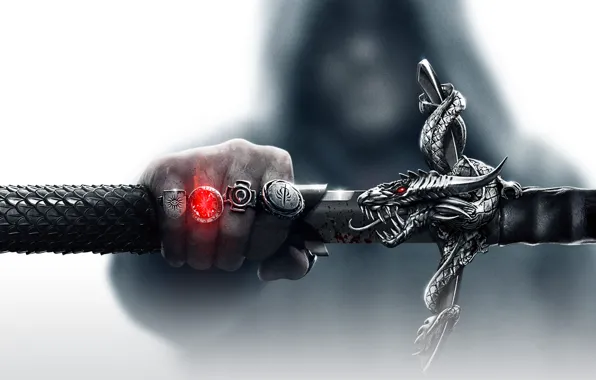 Картинка магия, дракон, рука, меч, капюшон, рукоять, Electronic Arts, Bioware