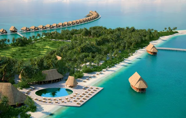 Beach, ocean, exotic, palms, tropics, aerial, fantastic Maldives, Maamutaa resort