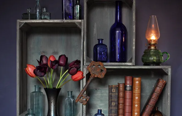 Картинка цветы, ржавый, огонь, книги, лампа, ключ, тюльпаны, керосинка