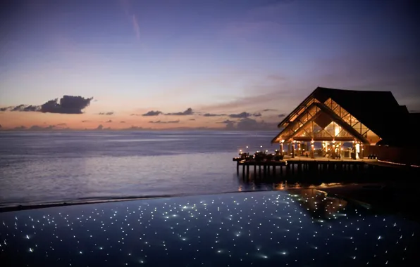 Pool, ocean, sunset, romantic, Maldives, paradise, deck