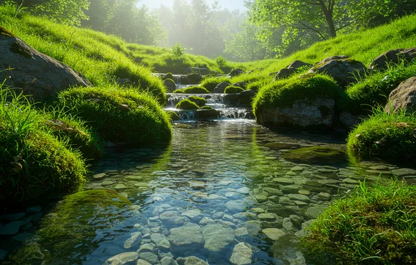Зелень, трава, вода, солнце, деревья, ручей, камни, обои