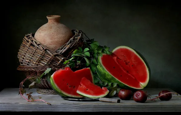 Листья, стол, яблоки, арбуз, нож, кувшин, натюрморт, корзинка