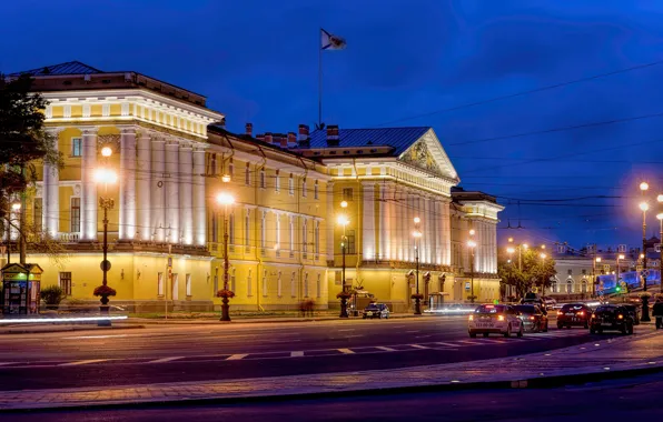 Дорога, машины, ночь, огни, движение, улица, здание, фонари