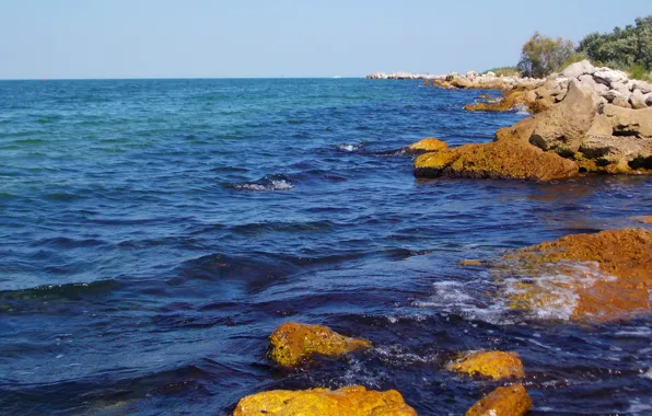 Море, волны, пена, камни, скалы, waves, sea, blue