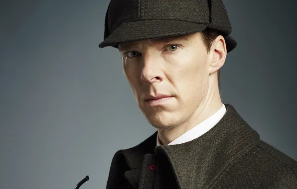 Шапка, трубка, серый фон, Шерлок Холмс, Бенедикт Камбербэтч, Benedict Cumberbatch, Sherlock, Sherlock BBC