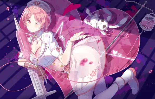 Девушка, кукла, форма, медсестра, шприц, anime, art, капельница