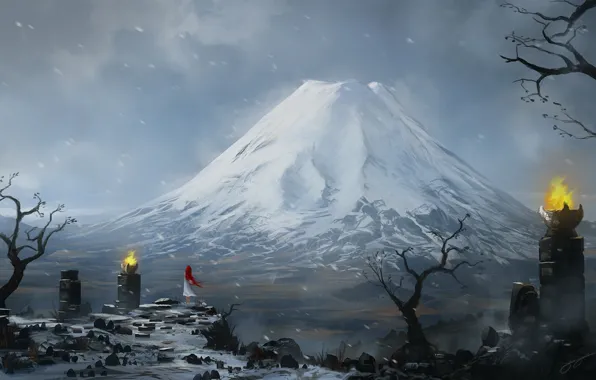 Картинка девушка, снег, камни, огонь, гора, арт, рыжая, метель