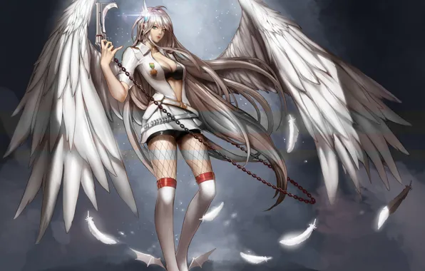Картинка девушка, пистолет, оружие, крылья, аниме, арт, цепь, dungeon and fighter