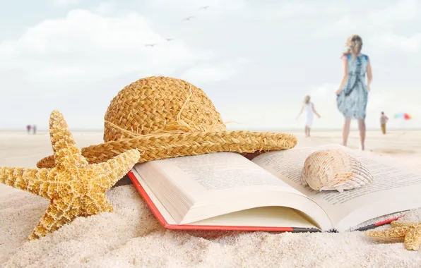 Картинка песок, Пляж, шляпа, книга