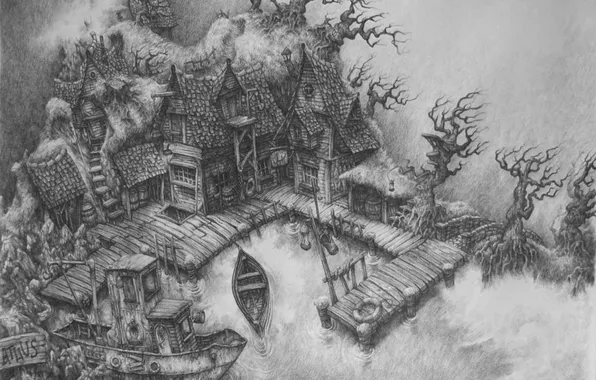 Картинка дом, лодка, рисунок, причал, карандаш, мрачно