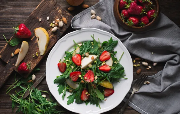 Еда, клубника, орехи, груши, салат, руккола, arugula